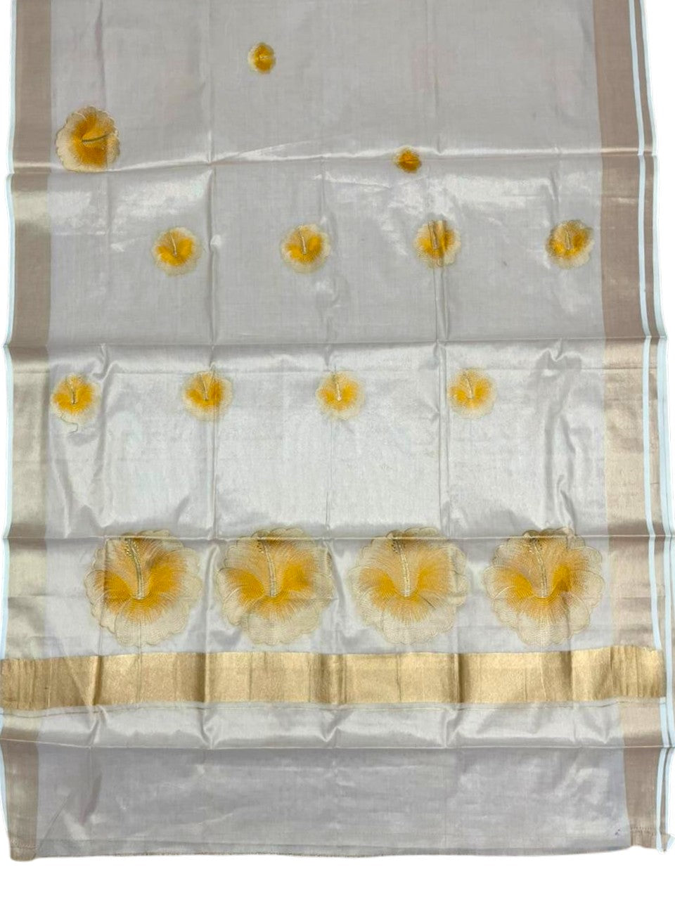 Southloom Kerala Tissue Kasavu Saree with Yellow Floral Embroidery Design on Body SL434