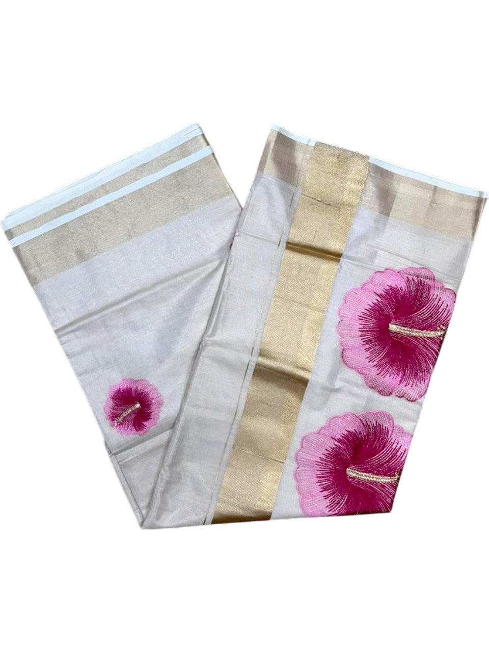 Southloom Kerala Tissue Kasavu Saree with Pink Floral Embroidery Design on Body SL434