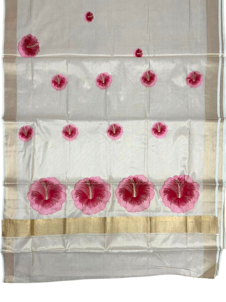 Southloom Kerala Tissue Kasavu Saree with Pink Floral Embroidery Design on Body SL434