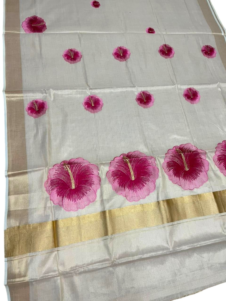 Southloom Kerala Tissue Kasavu Saree with Pink Floral Embroidery Design on Body SL434