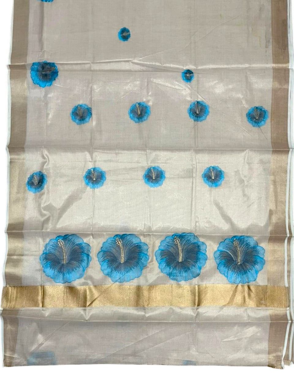Southloom Kerala Tissue Kasavu Saree with Blue Floral Embroidery Design on Body SL434