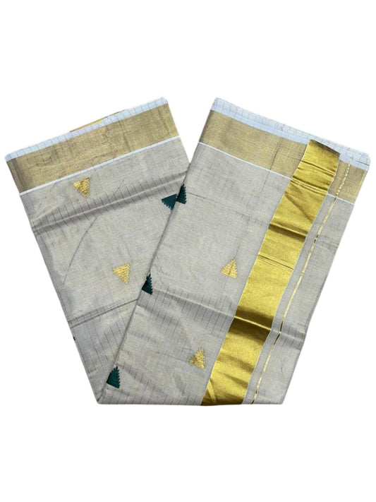 Kerala Tissue Kasavu Stripes Saree with Green and Gold Temple Embroidery Design on Body SL432