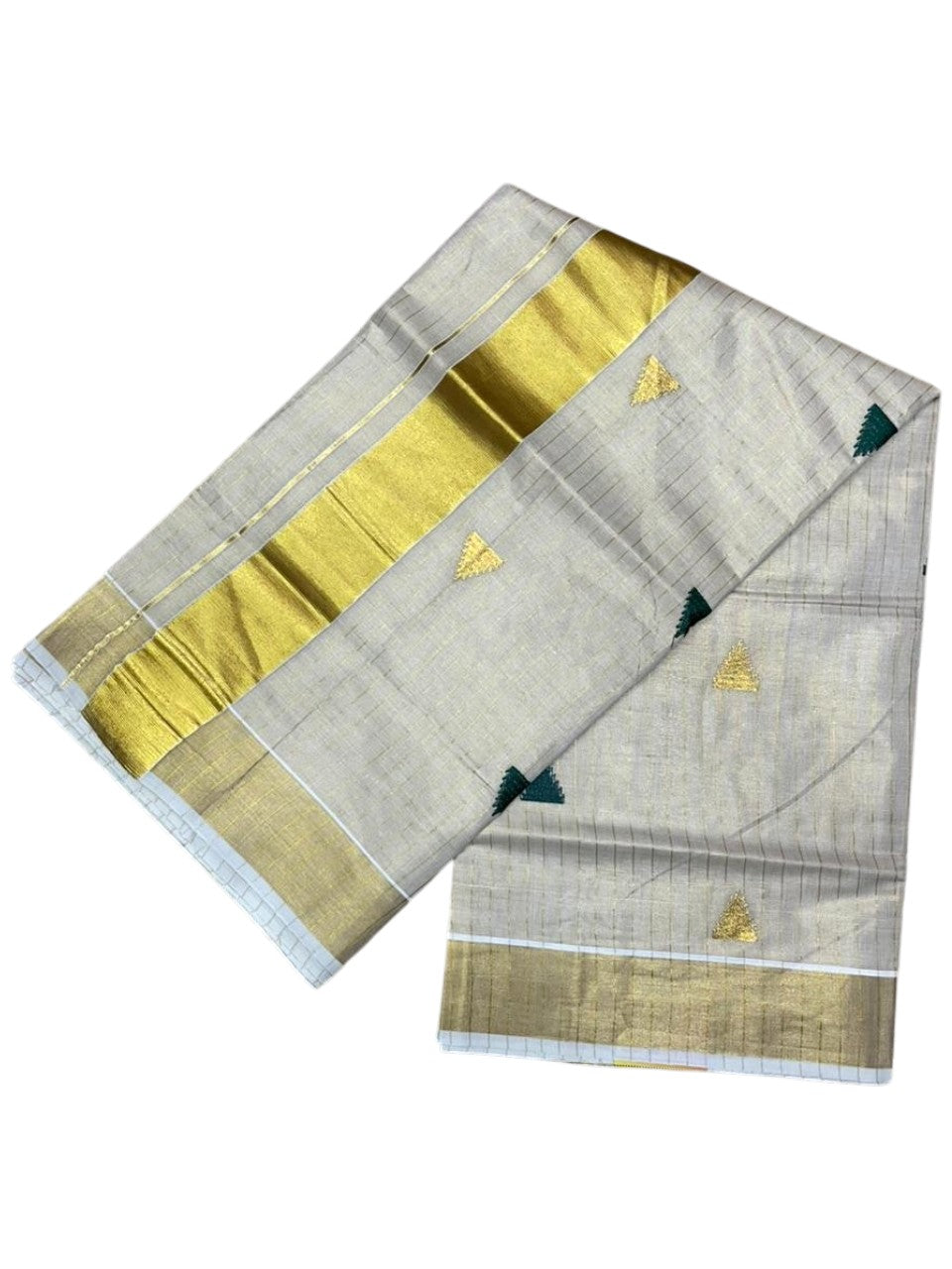Kerala Tissue Kasavu Stripes Saree with Green and Gold Temple Embroidery Design on Body SL432