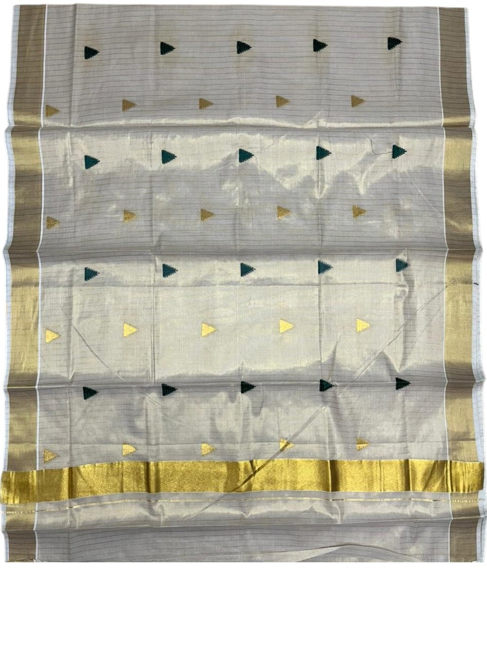 Kerala Tissue Kasavu Stripes Saree with Green and Gold Temple Embroidery Design on Body SL432