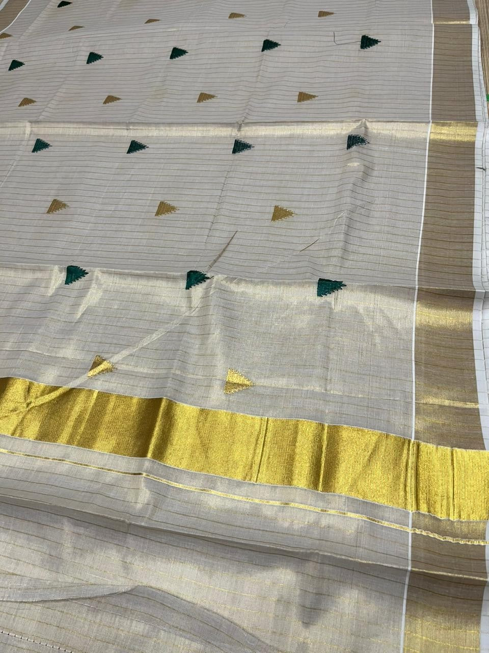 Kerala Tissue Kasavu Stripes Saree with Green and Gold Temple Embroidery Design on Body SL432