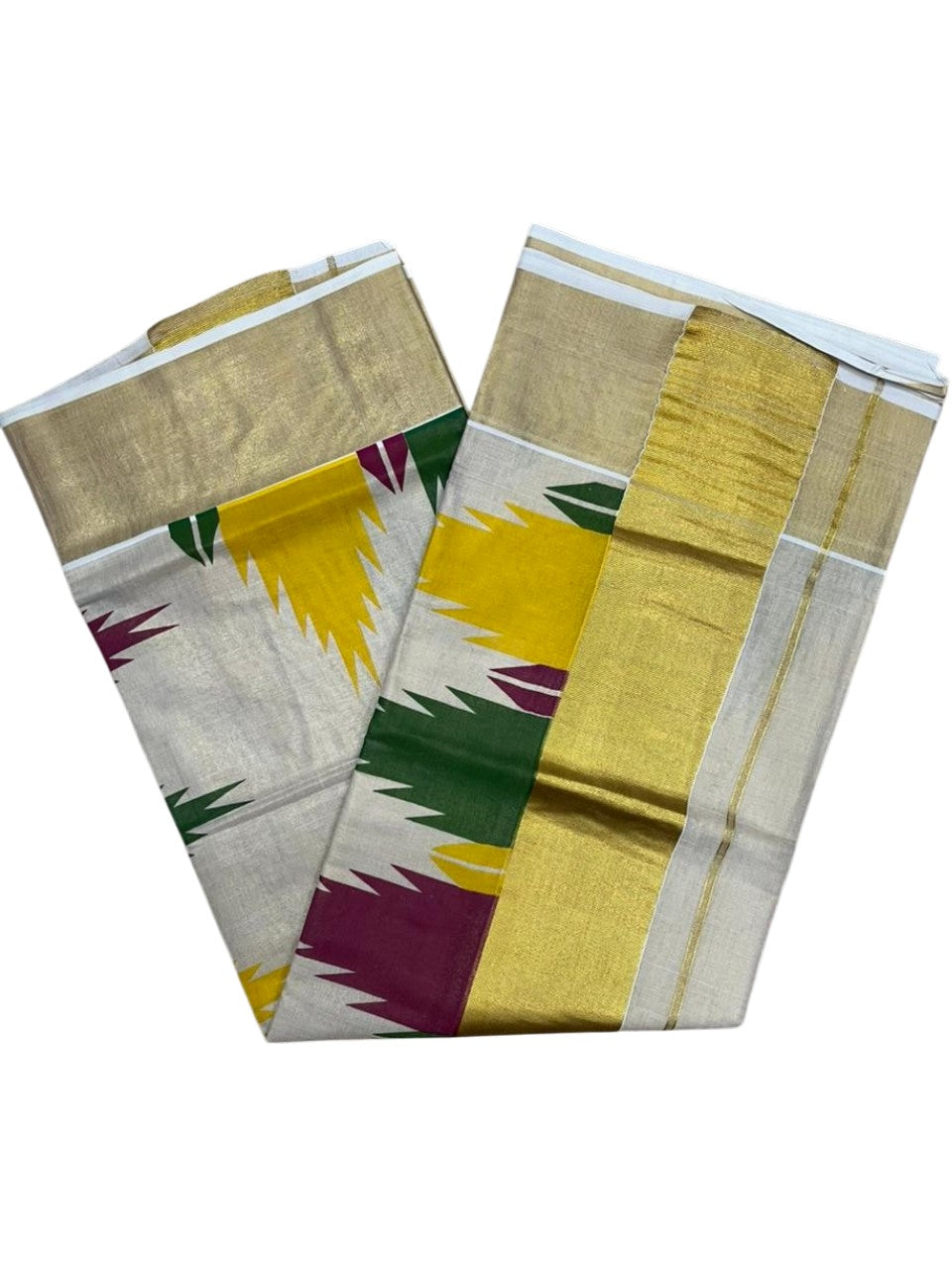 Kerala Tissue Kasavu Saree with Gold Kasavu Border And Temple Digital Print Design on Body SL436