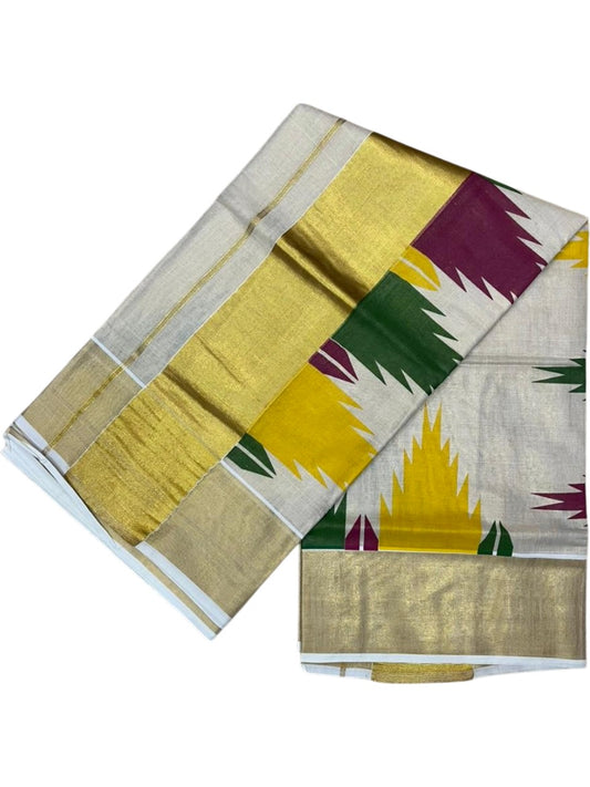 Kerala Tissue Kasavu Saree with Gold Kasavu Border And Temple Digital Print Design on Body SL436
