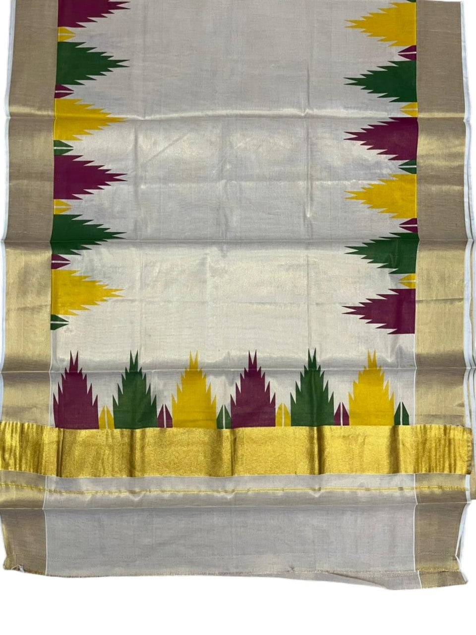 Kerala Tissue Kasavu Saree with Gold Kasavu Border And Temple Digital Print Design on Body SL436