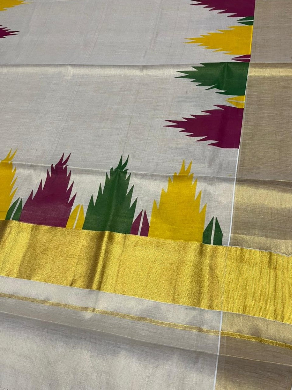 Kerala Tissue Kasavu Saree with Gold Kasavu Border And Temple Digital Print Design on Body SL436