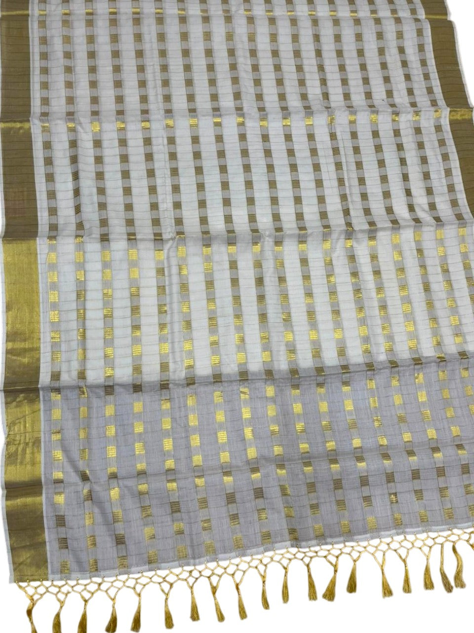 Southloom Pure Cotton Kerala Saree with Stripes And Kasavu Check Designs Across Body SL437