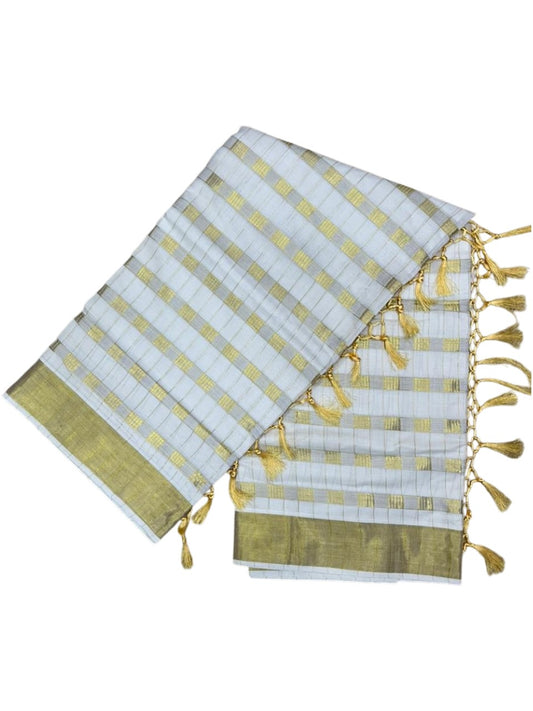 Southloom Pure Cotton Kerala Saree with Stripes And Kasavu Check Designs Across Body SL437