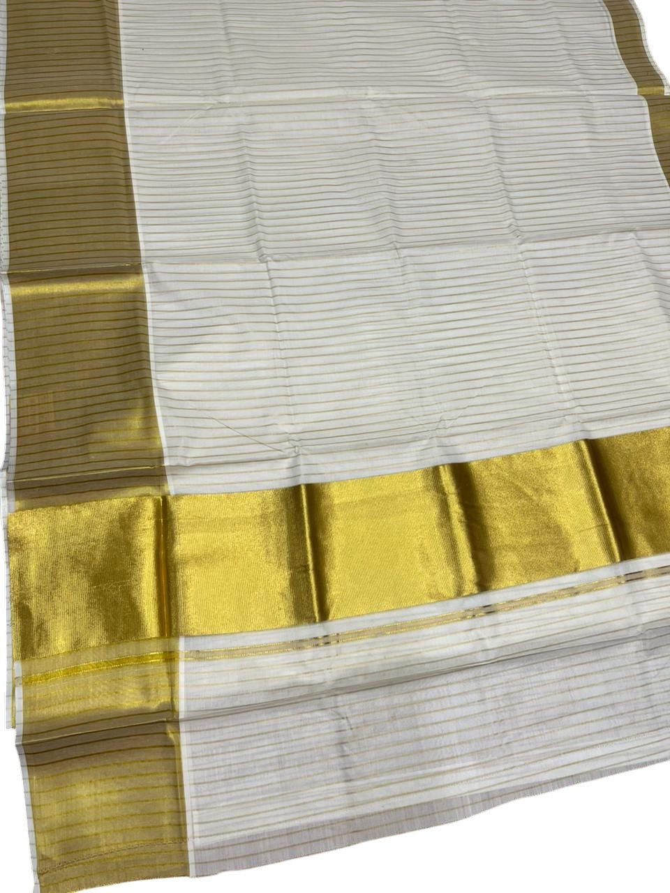 Southloom Pure Cotton Kerala Saree With Gold Kasavu  Stripes Across On Body SL438