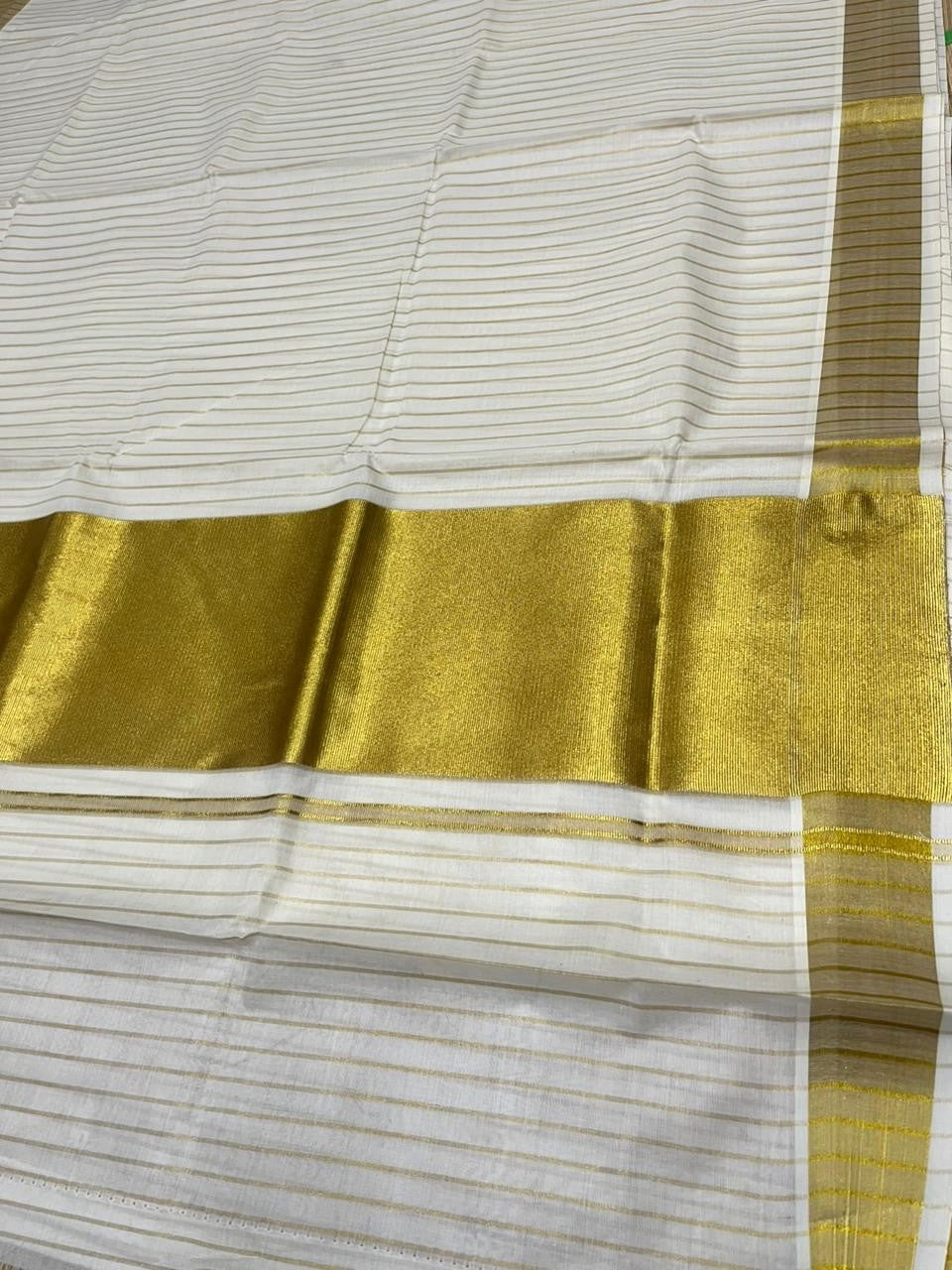 Southloom Pure Cotton Kerala Saree With Gold Kasavu  Stripes Across On Body SL438