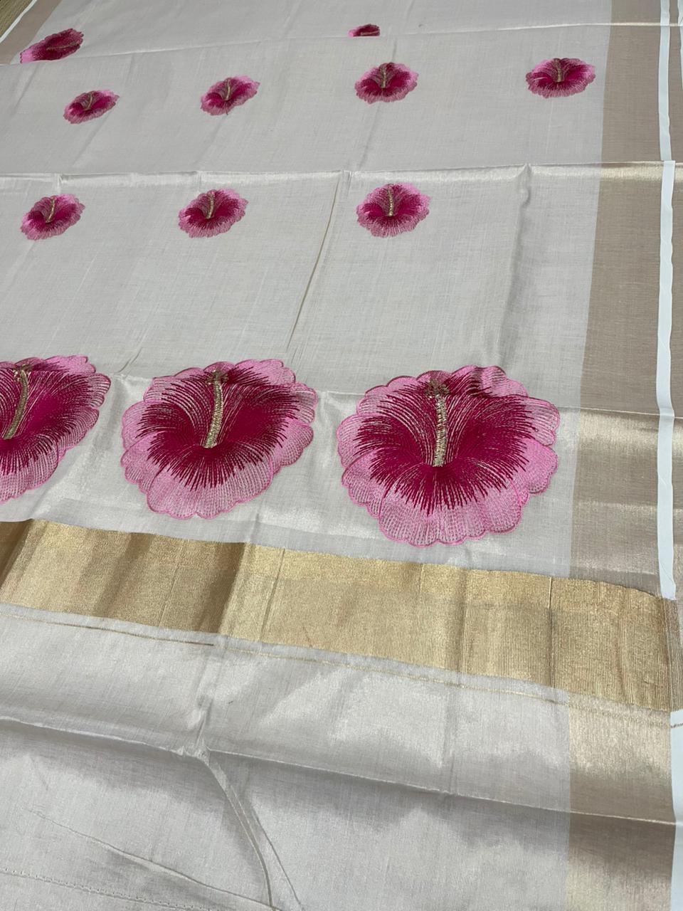 Southloom Kerala Tissue Kasavu Saree with Pink Floral Embroidery Design on Body SL434