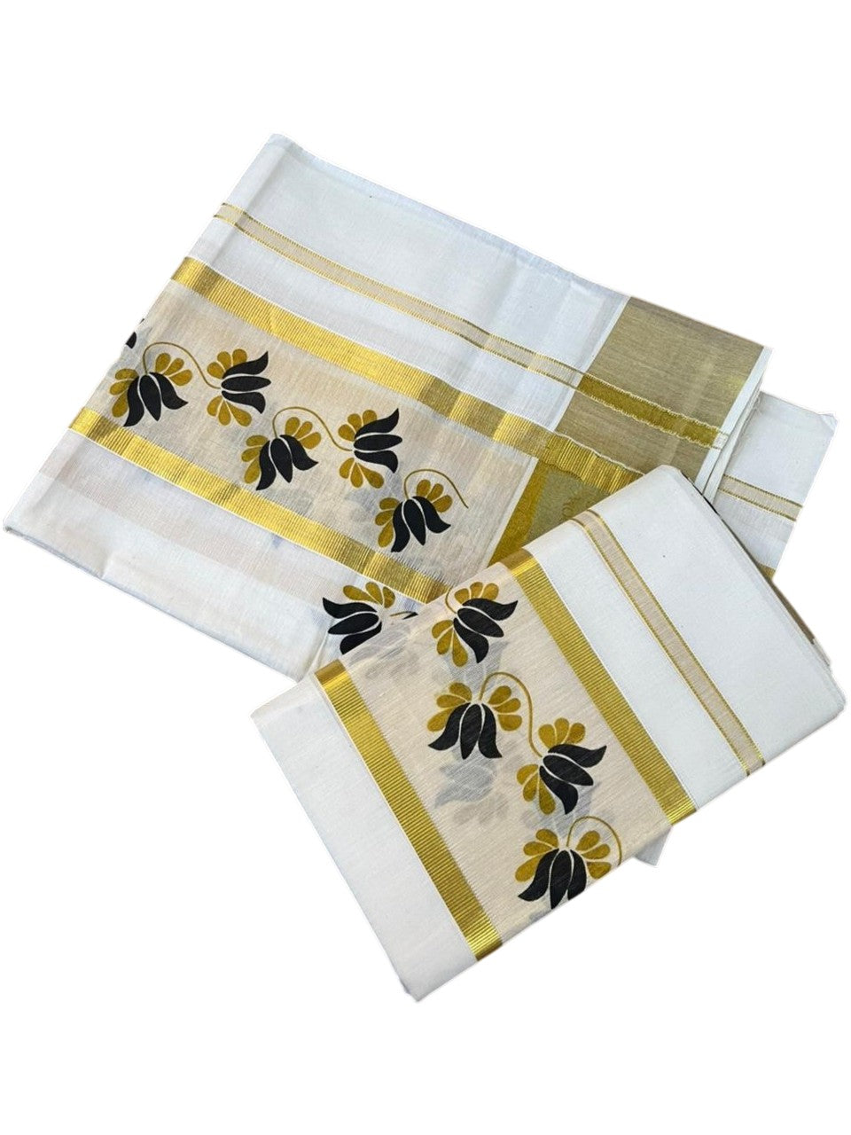 Southloom Cotton Single Set Mundu (Mundu Neriyathum) With Floral Digital Print in Black 2.80 Mtrs SL435