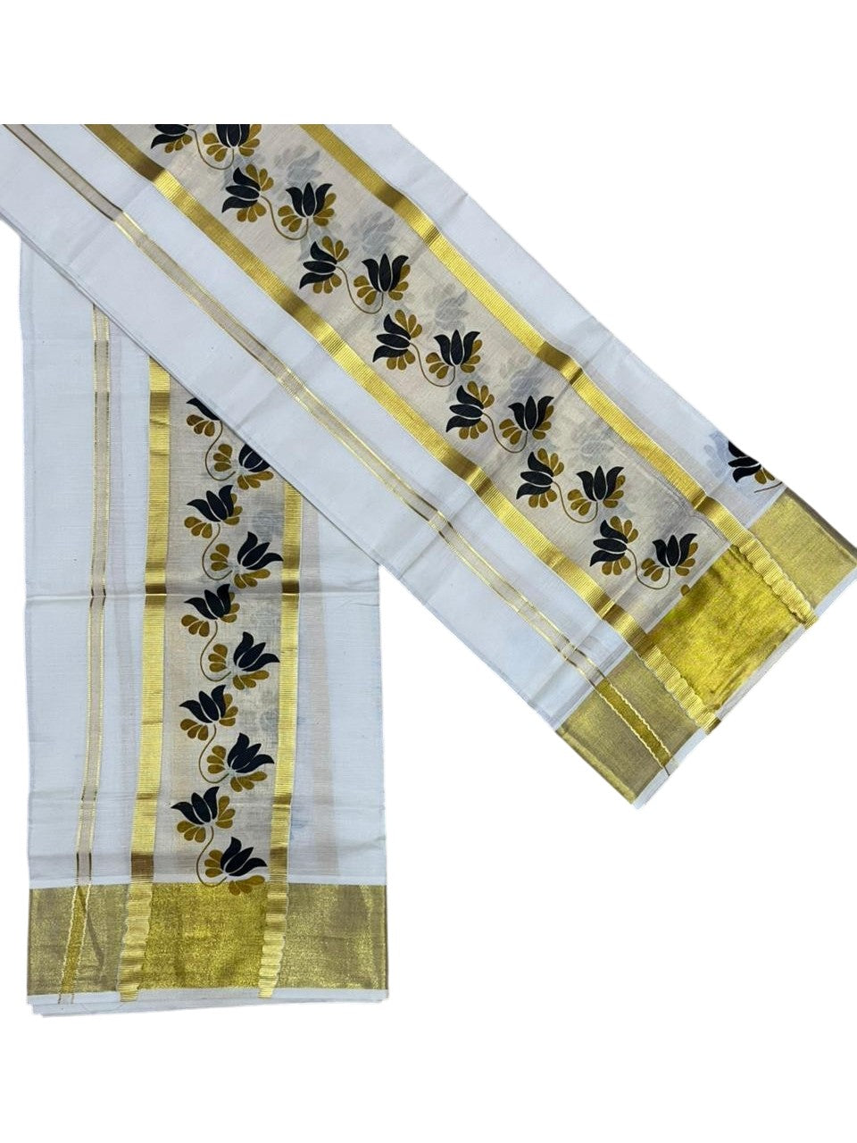 Southloom Cotton Single Set Mundu (Mundu Neriyathum) With Floral Digital Print in Black 2.80 Mtrs SL435