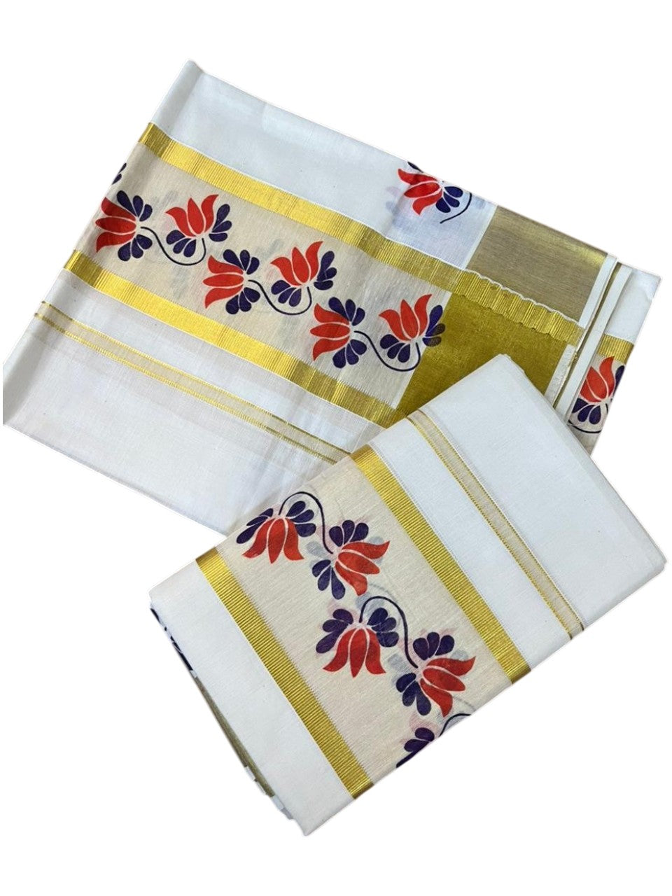 Southloom Cotton Single Set Mundu (Mundu Neriyathum) With Floral Digital Print in Orange 2.80 Mtrs SL435