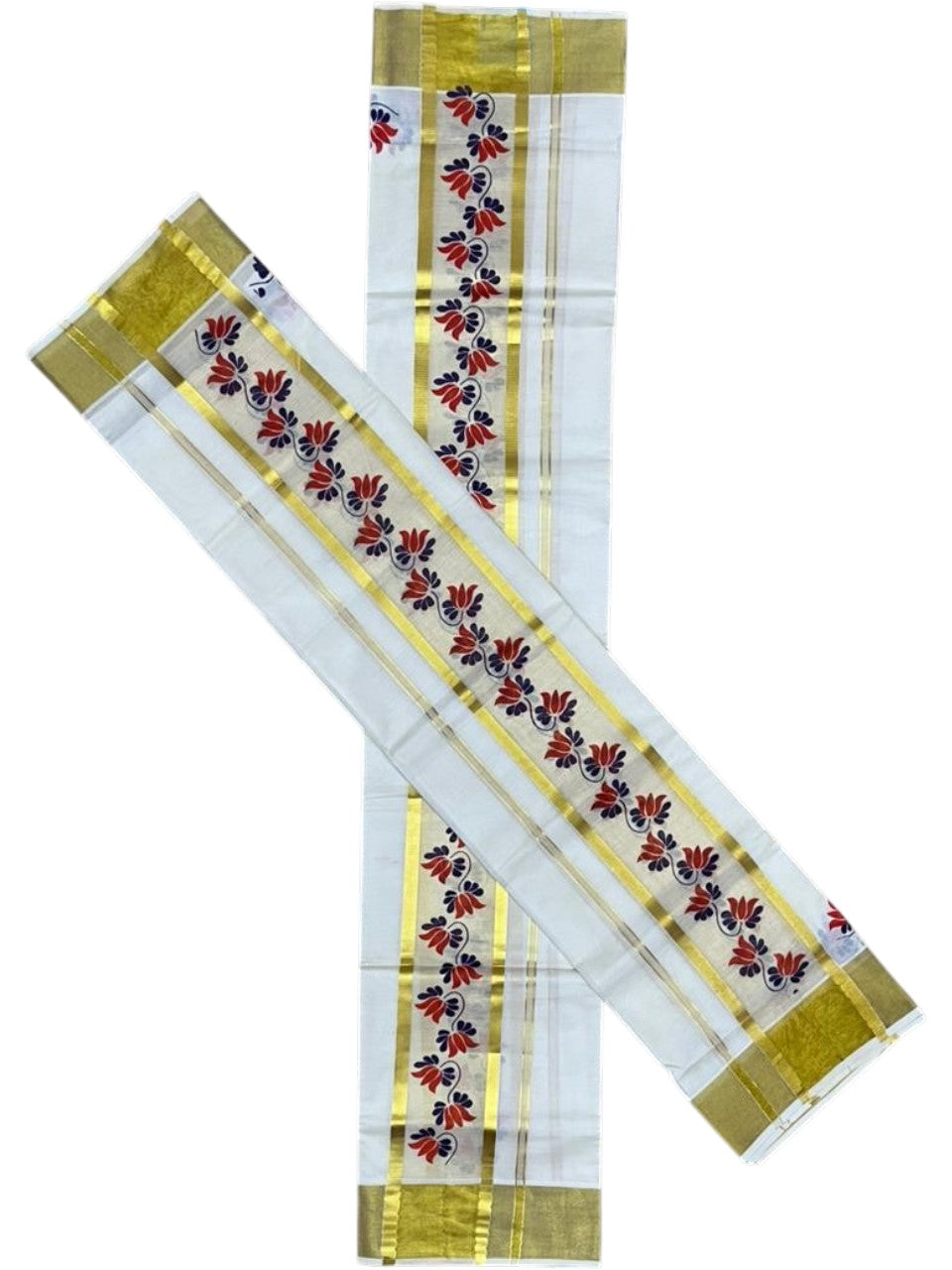 Southloom Cotton Single Set Mundu (Mundu Neriyathum) With Floral Digital Print in Orange 2.80 Mtrs SL435