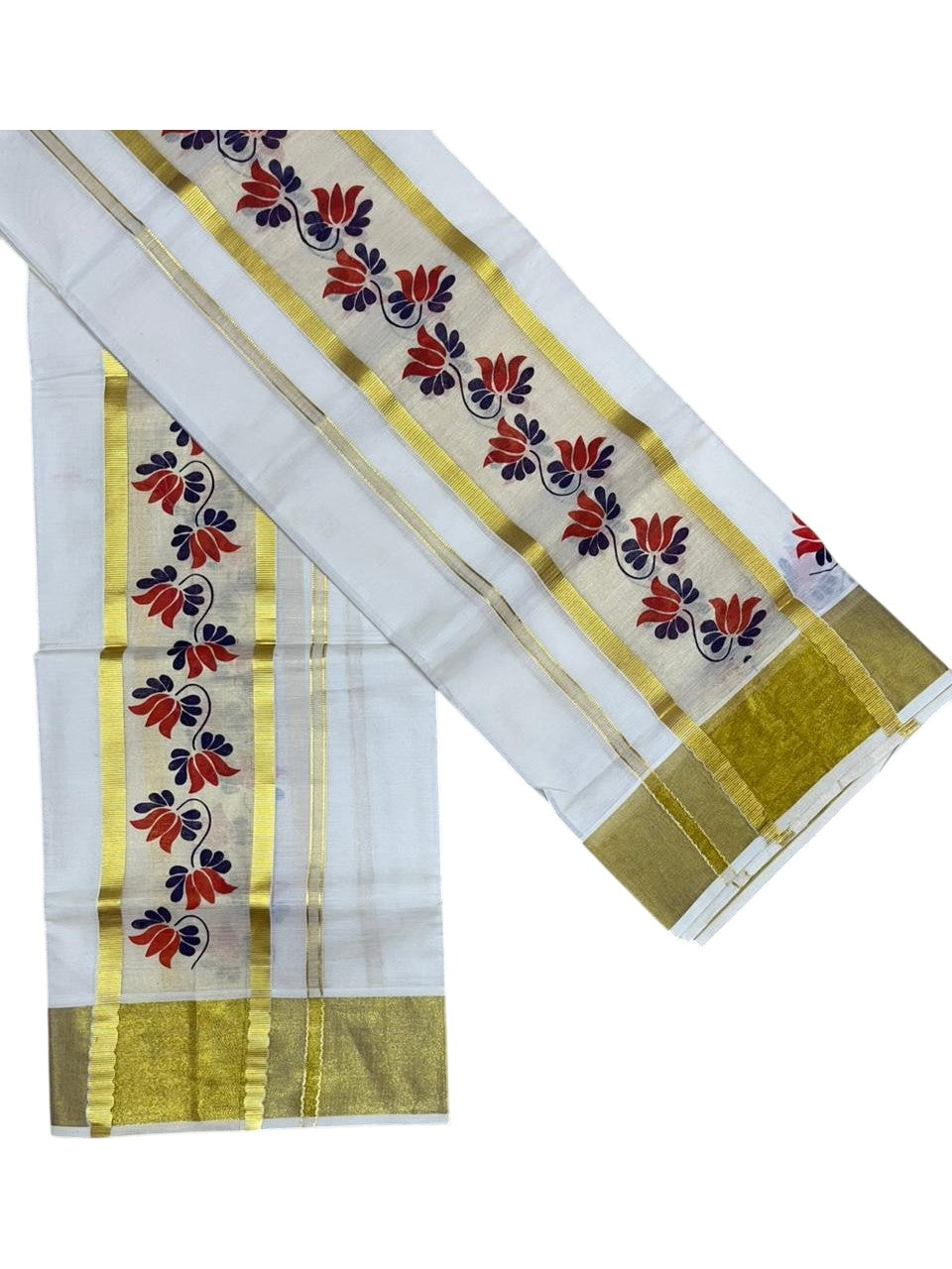 Southloom Cotton Single Set Mundu (Mundu Neriyathum) With Floral Digital Print in Orange 2.80 Mtrs SL435