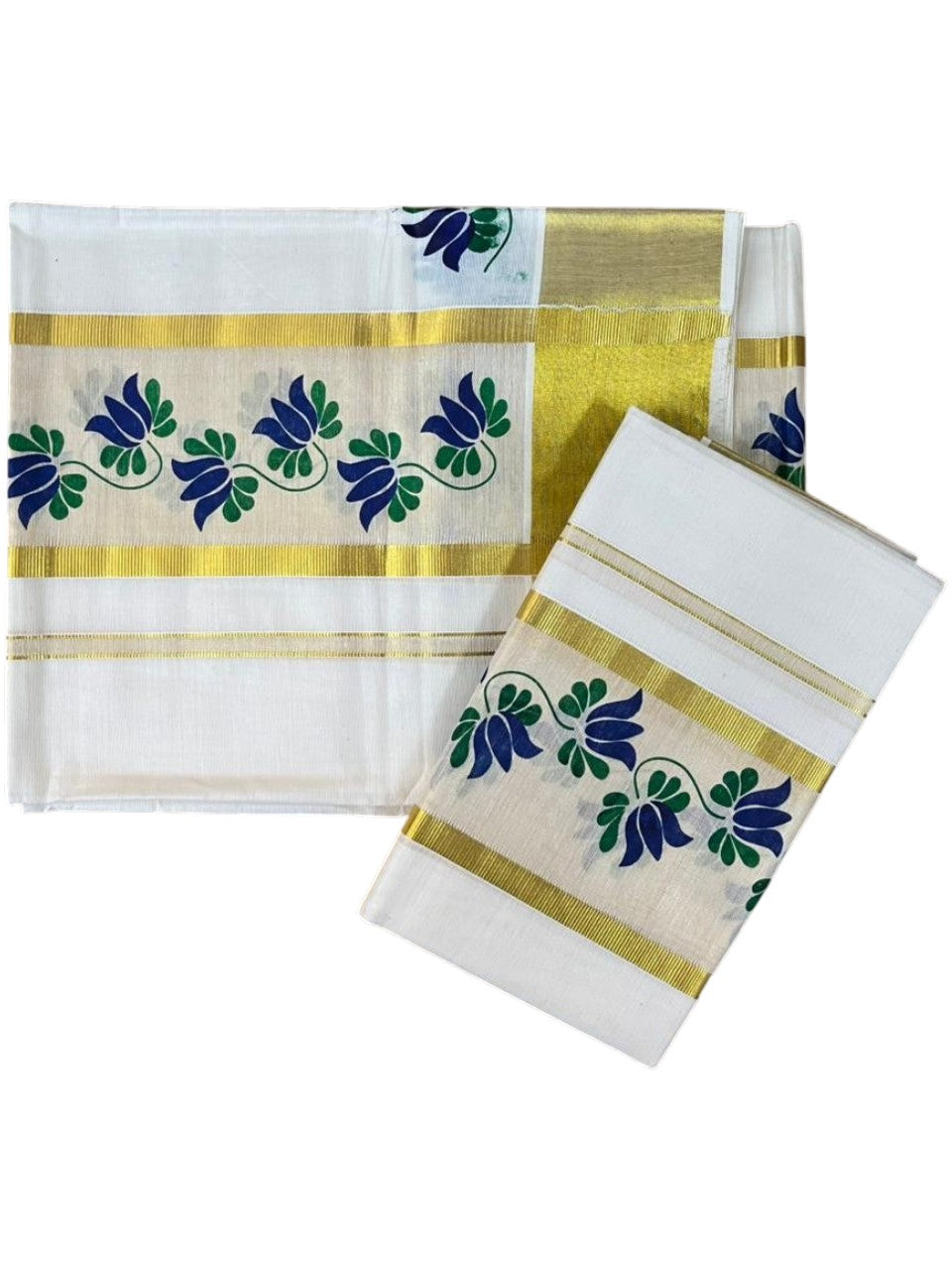 Southloom Cotton Single Set Mundu (Mundu Neriyathum) With Floral Digital Print in Blue 2.80 Mtrs SL435