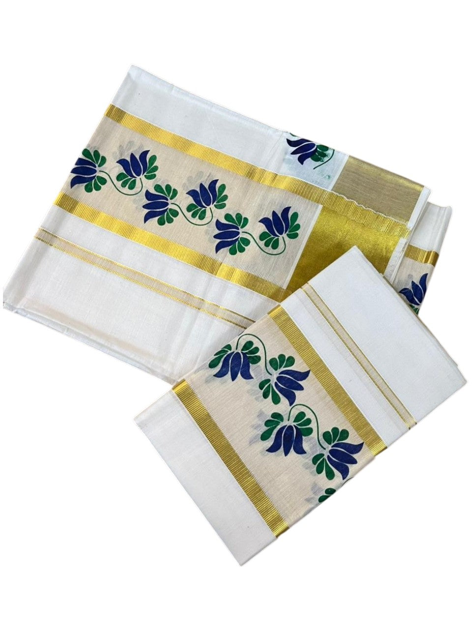 Southloom Cotton Single Set Mundu (Mundu Neriyathum) With Floral Digital Print in Blue 2.80 Mtrs SL435