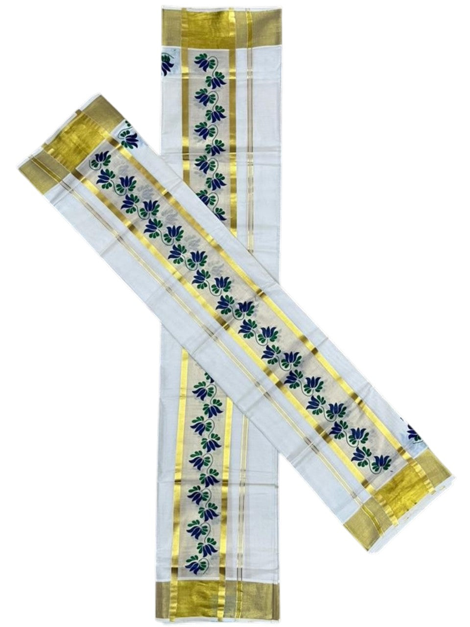 Southloom Cotton Single Set Mundu (Mundu Neriyathum) With Floral Digital Print in Blue 2.80 Mtrs SL435