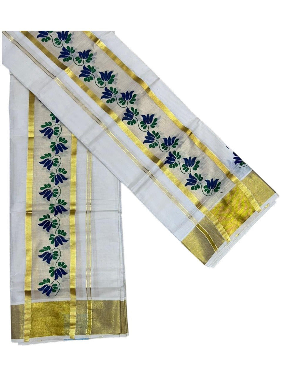 Southloom Cotton Single Set Mundu (Mundu Neriyathum) With Floral Digital Print in Blue 2.80 Mtrs SL435
