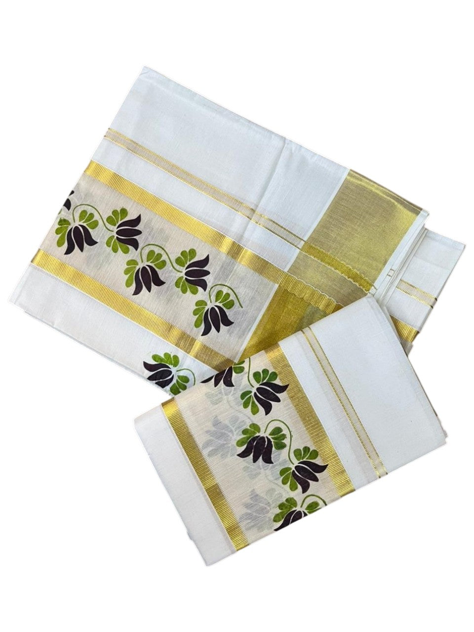 Southloom Cotton Single Set Mundu (Mundu Neriyathum) With Floral Digital Print in Brown 2.80 Mtrs SL435