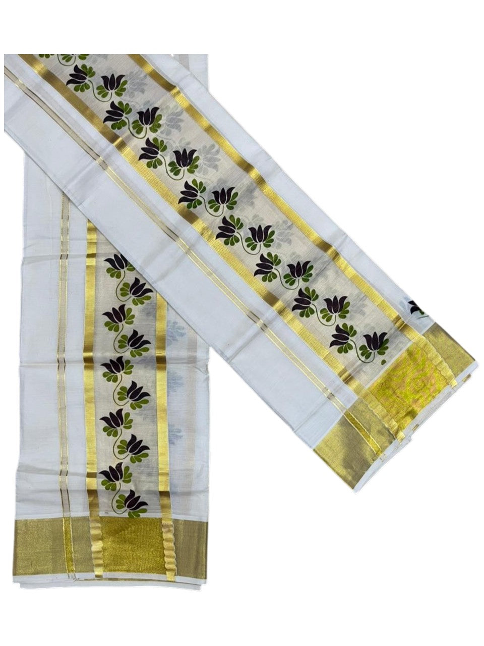 Southloom Cotton Single Set Mundu (Mundu Neriyathum) With Floral Digital Print in Brown 2.80 Mtrs SL435