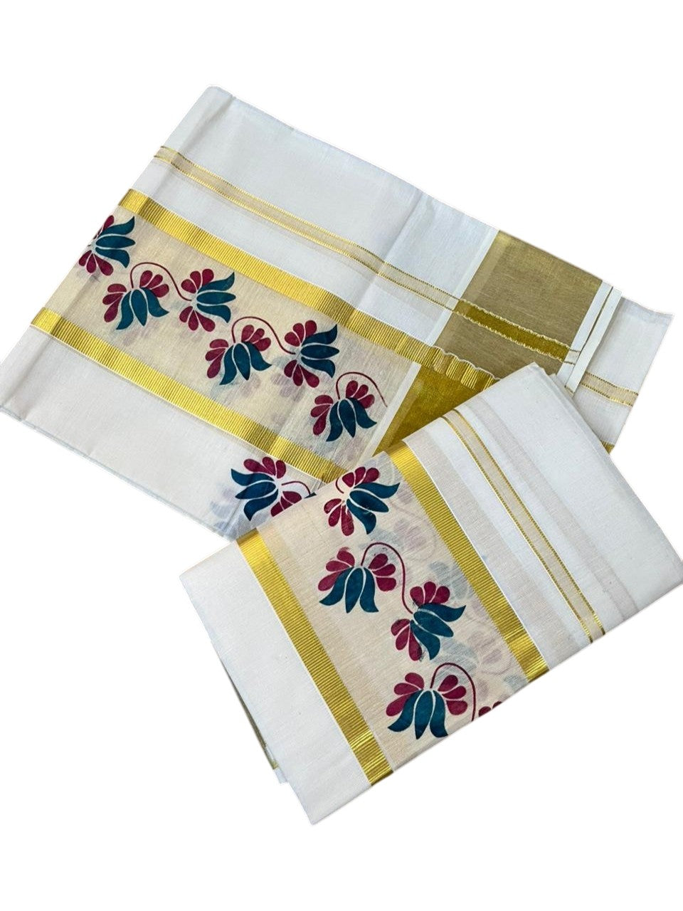 Southloom Cotton Single Set Mundu (Mundu Neriyathum) With Floral Digital Print in Peacock Blue 2.80 Mtrs SL435