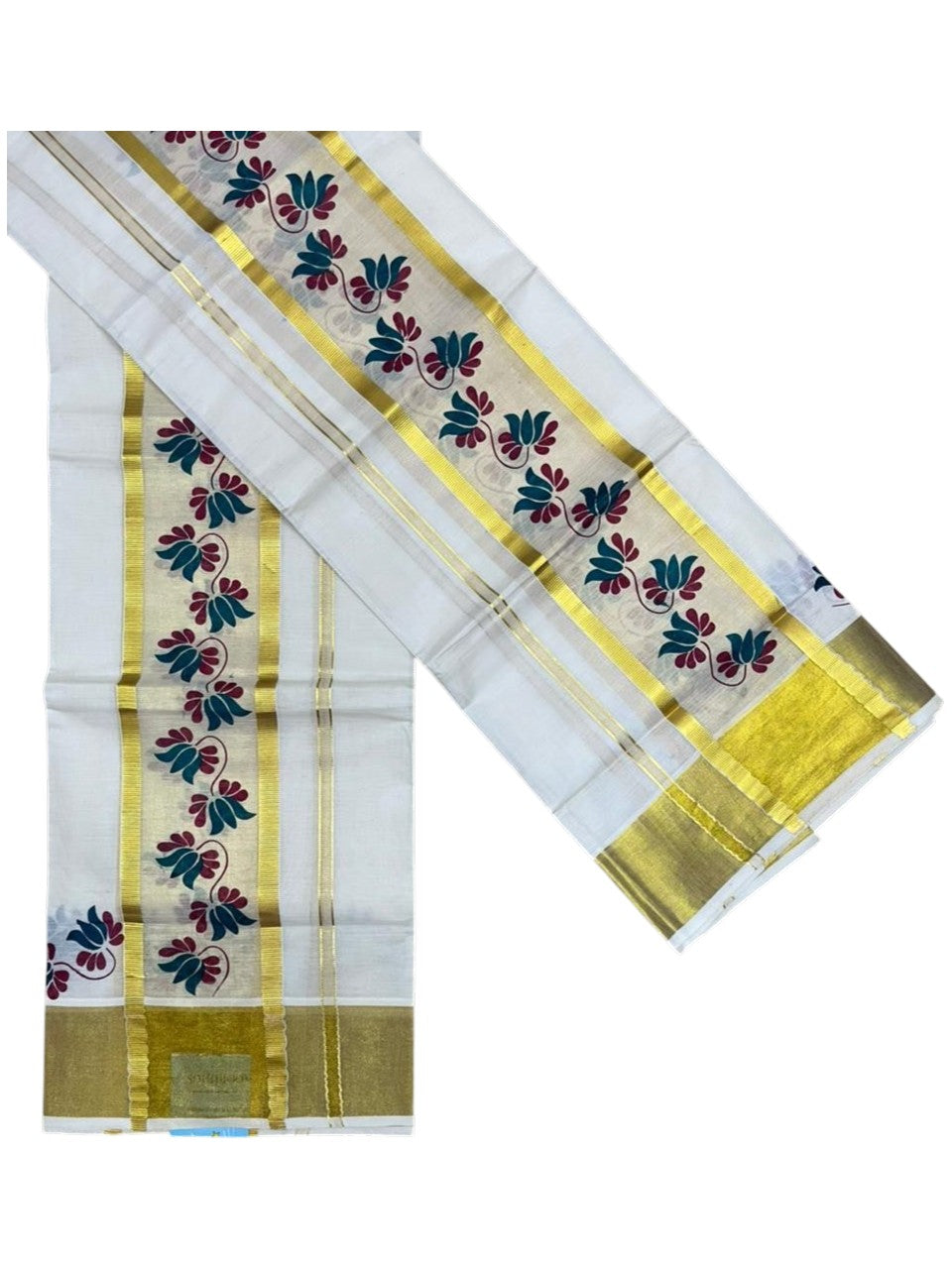 Southloom Cotton Single Set Mundu (Mundu Neriyathum) With Floral Digital Print in Peacock Blue 2.80 Mtrs SL435