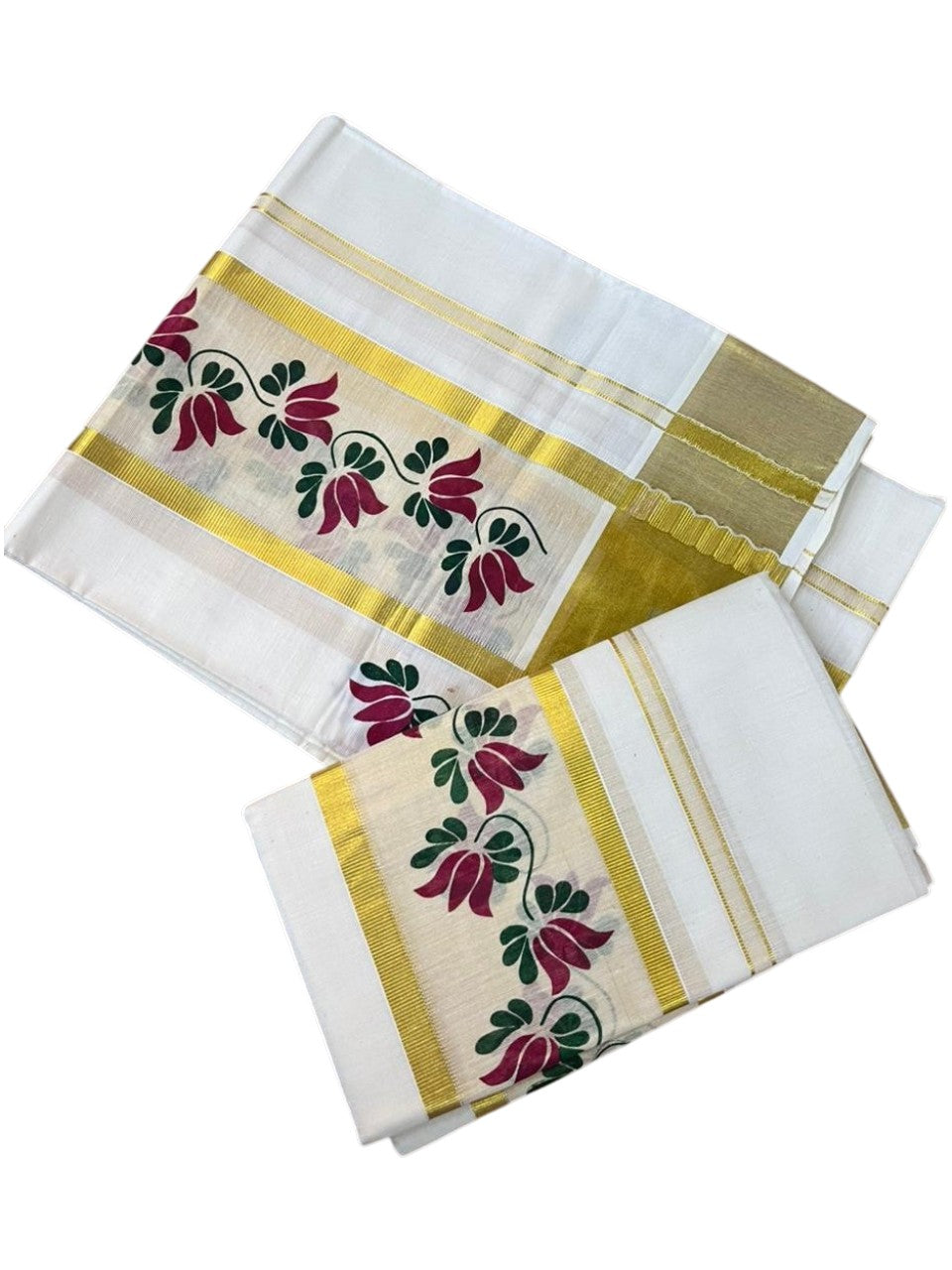Southloom Cotton Single Set Mundu (Mundu Neriyathum) With Floral Digital Print in Maroon 2.80 Mtrs SL435
