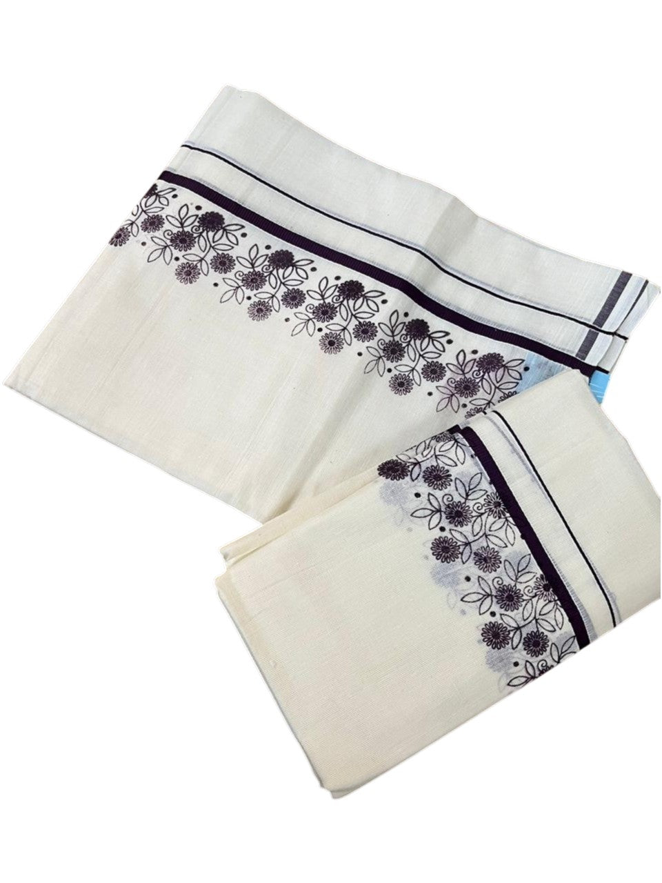 Southloom Cotton Single Set Mundu (Mundu Neriyathum) With Floral Digital Print in Purple 2.80 Mtrs SL440