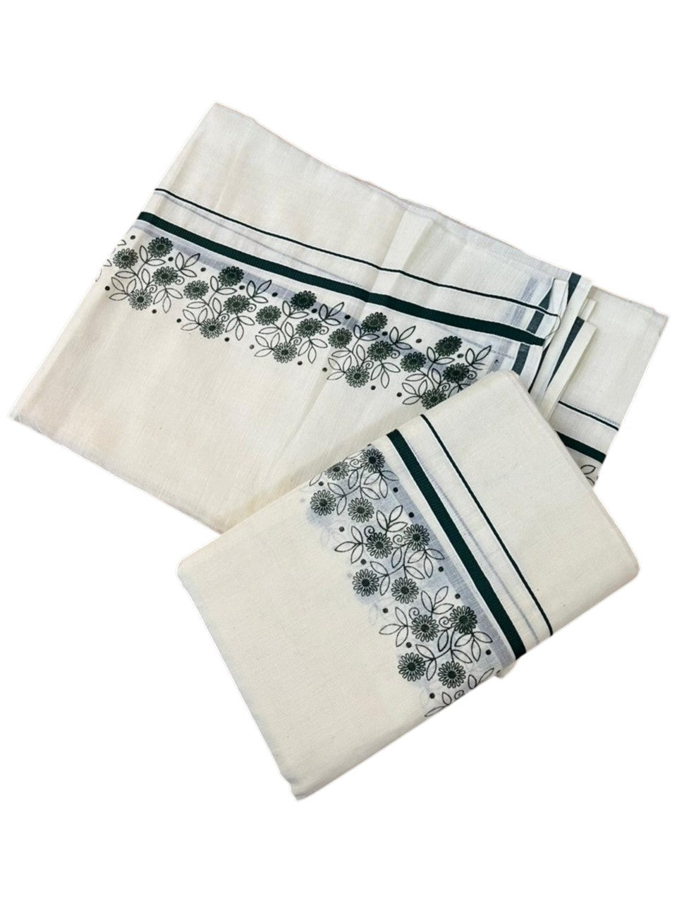 Southloom Cotton Single Set Mundu (Mundu Neriyathum) With Floral Digital Print in Dark Green 2.80 Mtrs SL440