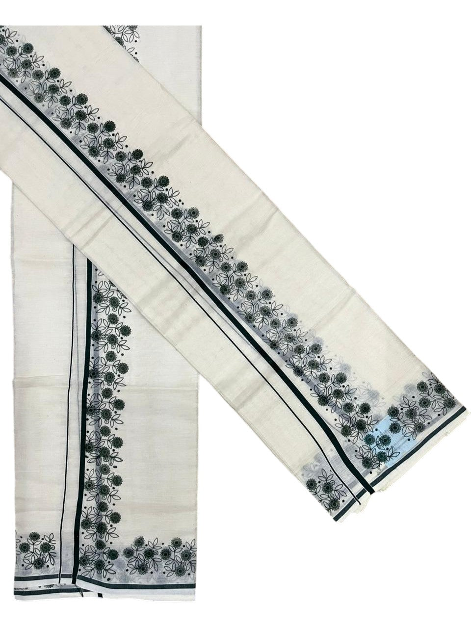 Southloom Cotton Single Set Mundu (Mundu Neriyathum) With Floral Digital Print in Dark Green 2.80 Mtrs SL440