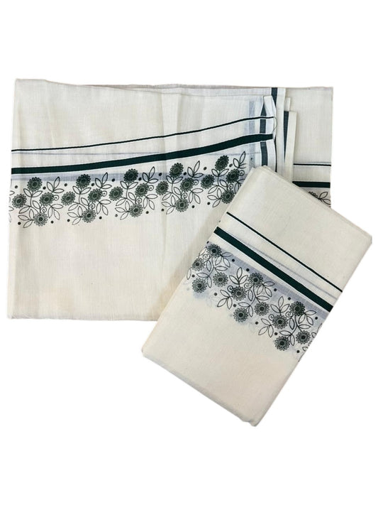 Southloom Cotton Single Set Mundu (Mundu Neriyathum) With Floral Digital Print in Dark Green 2.80 Mtrs SL440