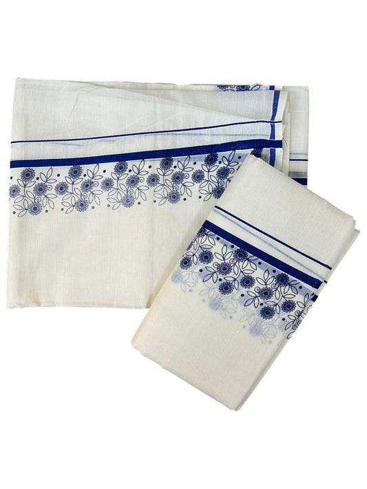 Southloom Cotton Single Set Mundu (Mundu Neriyathum) With Floral Digital Print in Blue 2.80 Mtrs SL440