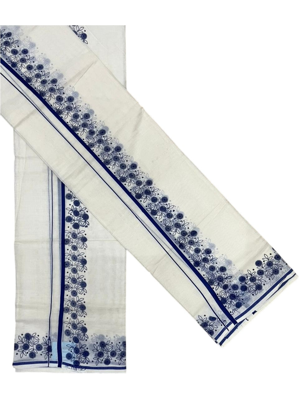 Southloom Cotton Single Set Mundu (Mundu Neriyathum) With Floral Digital Print in Blue 2.80 Mtrs SL440