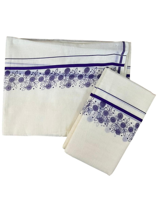 Southloom Cotton Single Set Mundu (Mundu Neriyathum) With Floral Digital Print in Violet 2.80 Mtrs SL440