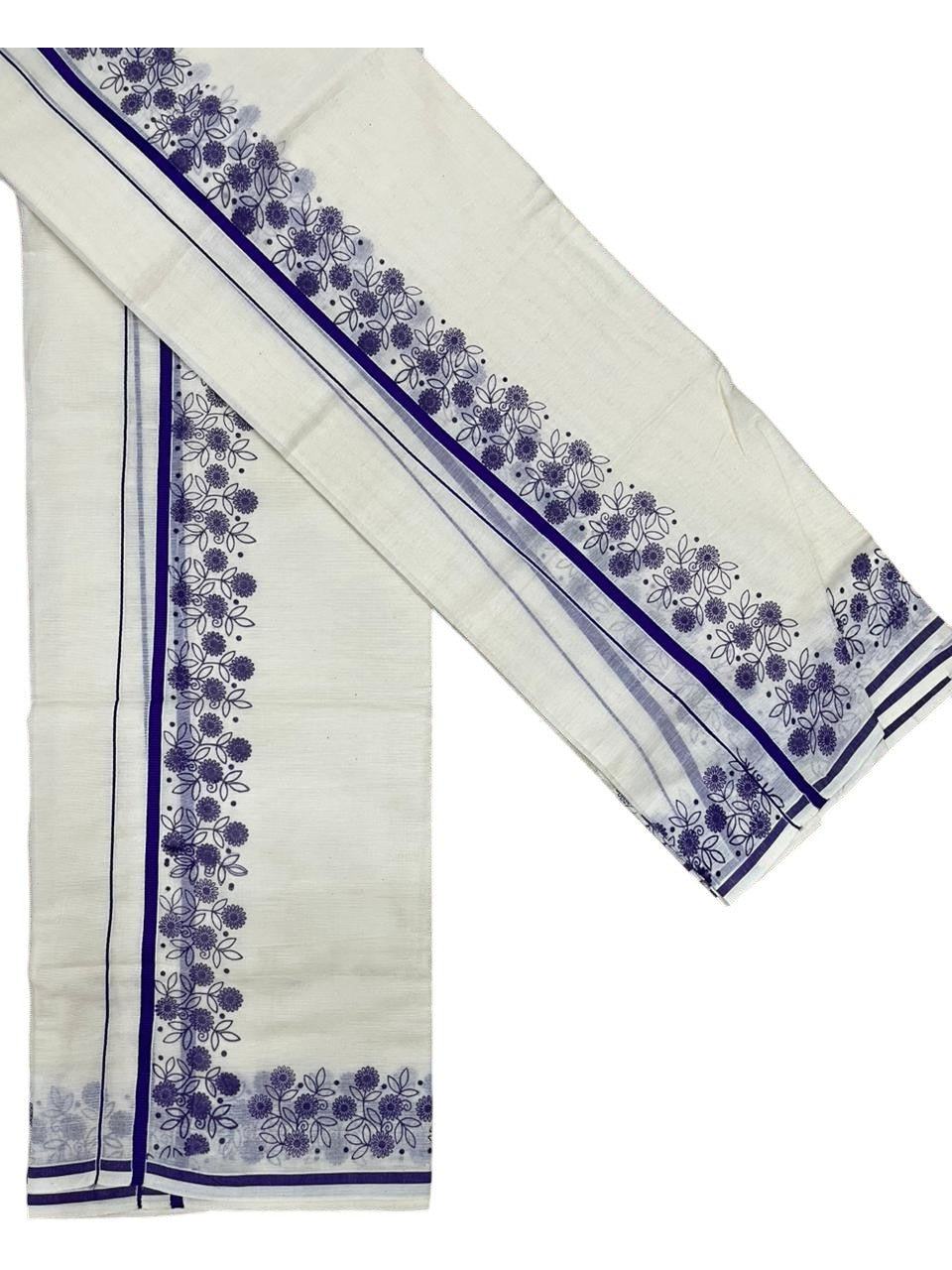 Southloom Cotton Single Set Mundu (Mundu Neriyathum) With Floral Digital Print in Violet 2.80 Mtrs SL440