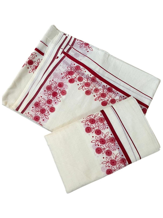 Southloom Cotton Single Set Mundu (Mundu Neriyathum) With Floral Digital Print in Red 2.80 Mtrs SL440