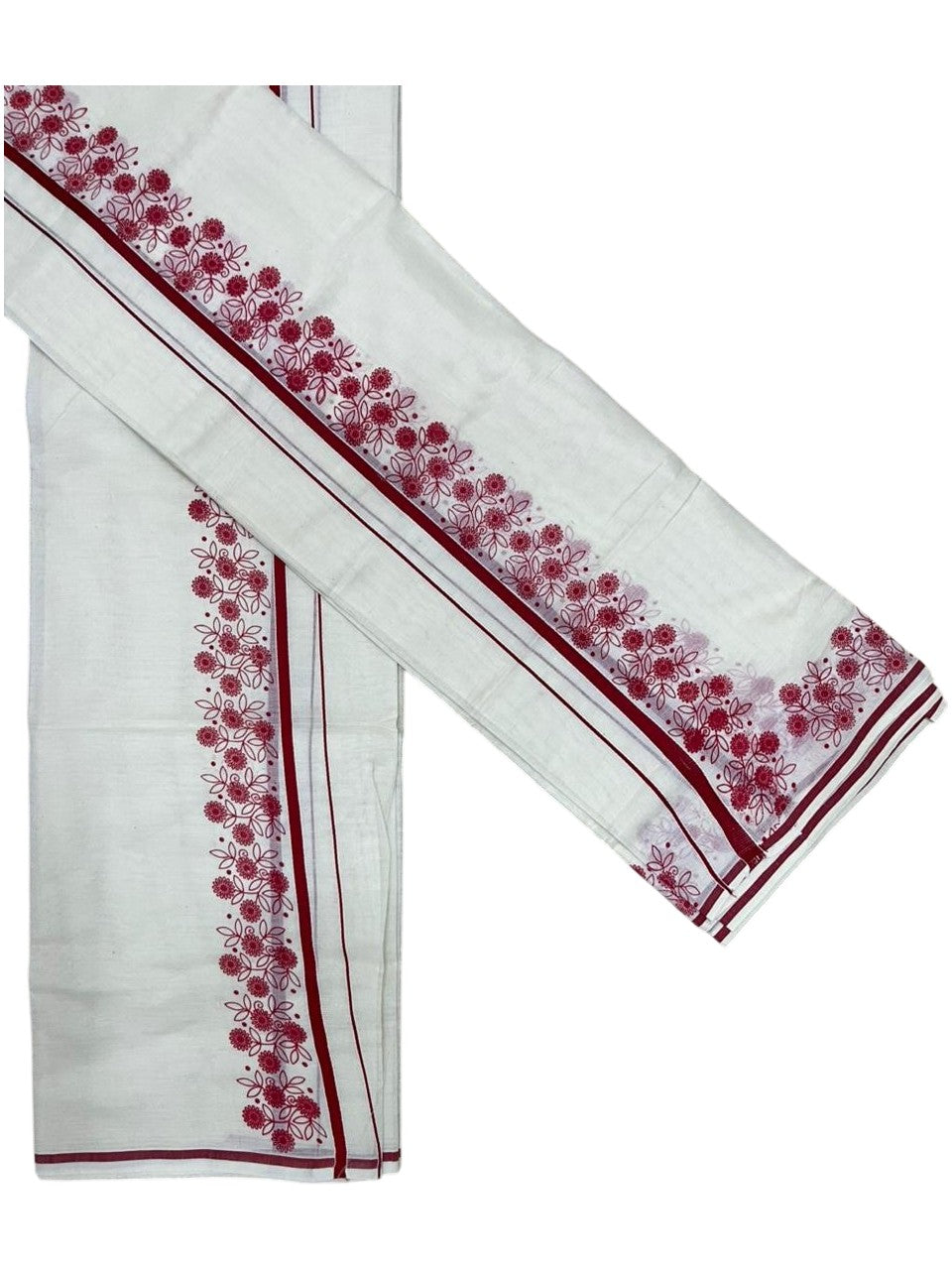 Southloom Cotton Single Set Mundu (Mundu Neriyathum) With Floral Digital Print in Red 2.80 Mtrs SL440