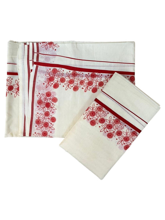 Southloom Cotton Single Set Mundu (Mundu Neriyathum) With Floral Digital Print in Red 2.80 Mtrs SL440