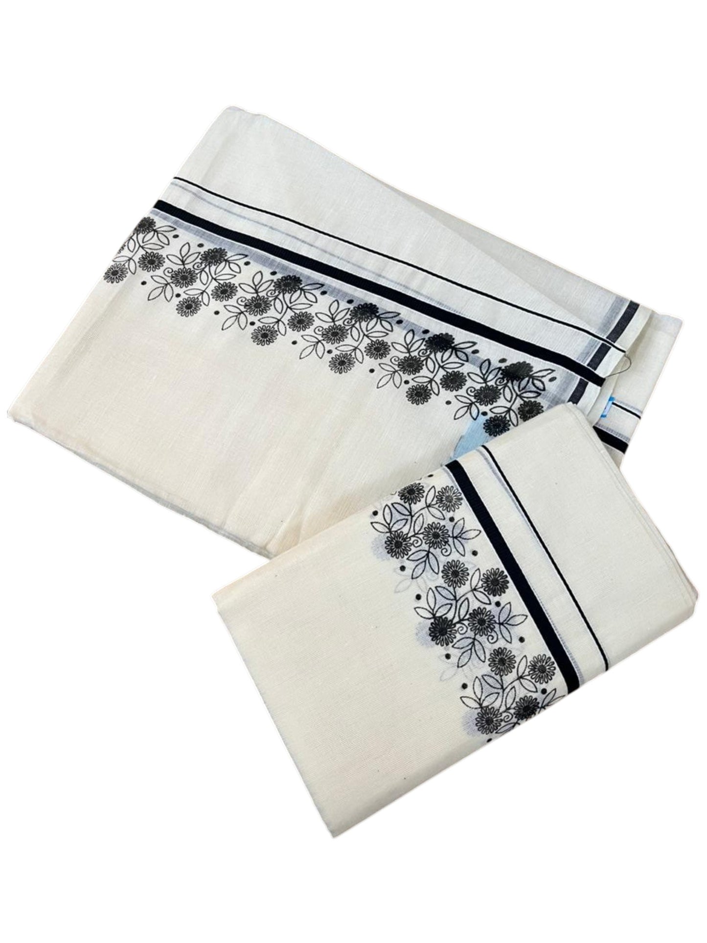Southloom Cotton Single Set Mundu (Mundu Neriyathum) With Floral Digital Print in Black 2.80 Mtrs SL440