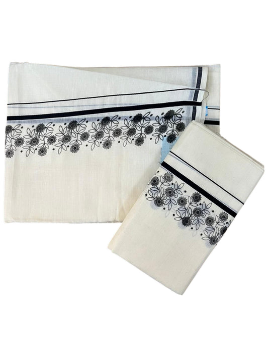 Southloom Cotton Single Set Mundu (Mundu Neriyathum) With Floral Digital Print in Black 2.80 Mtrs SL440