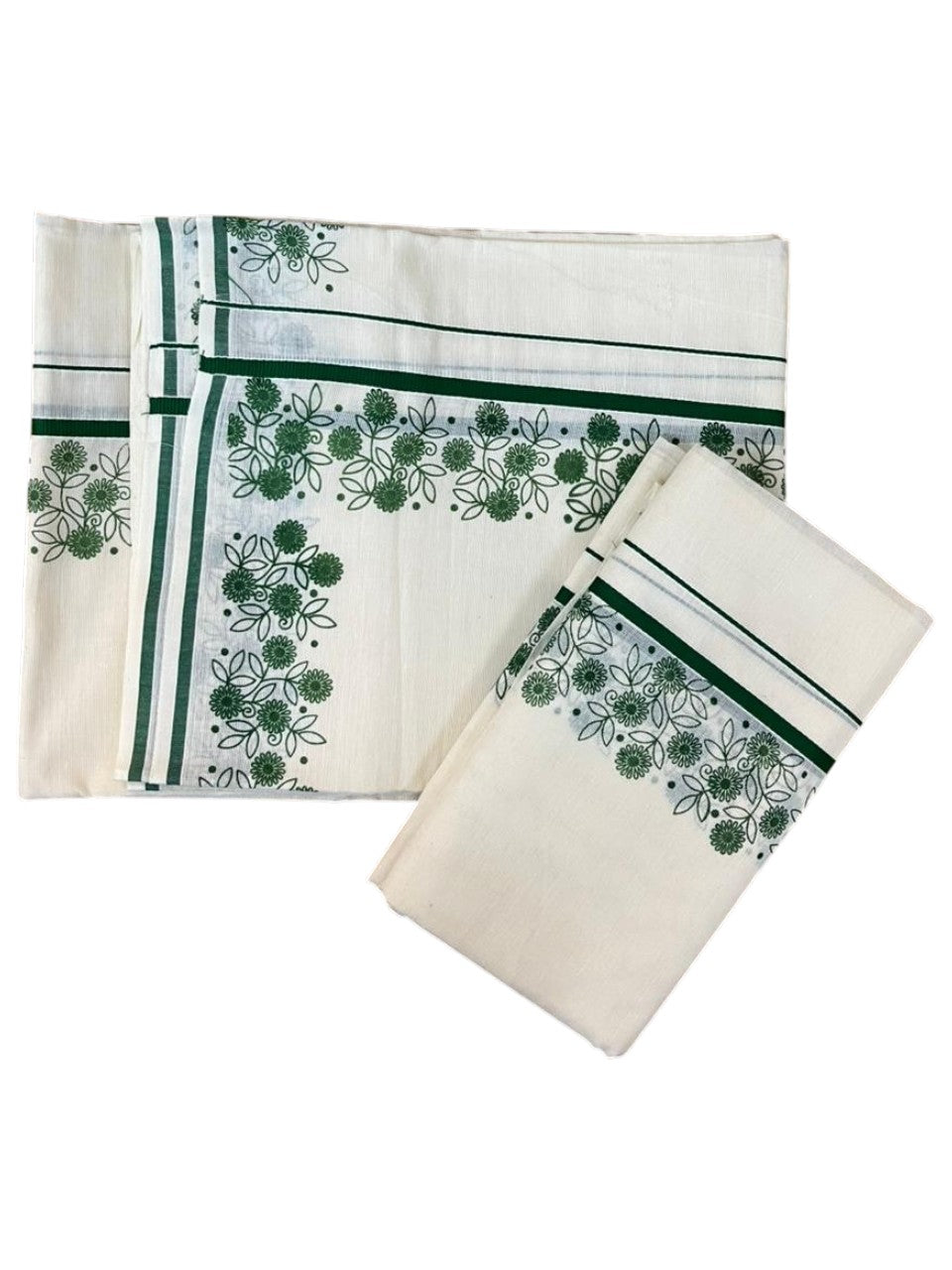 Southloom Cotton Single Set Mundu (Mundu Neriyathum) With Floral Digital Print in Green 2.80 Mtrs SL440