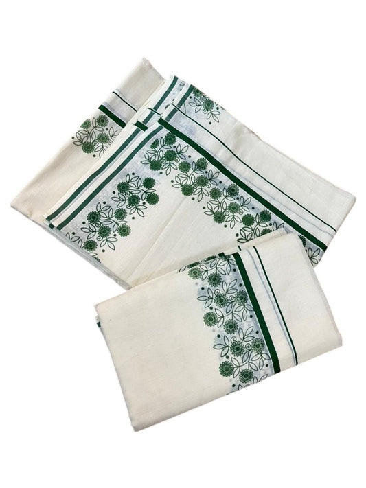 Southloom Cotton Single Set Mundu (Mundu Neriyathum) With Floral Digital Print in Green 2.80 Mtrs SL440