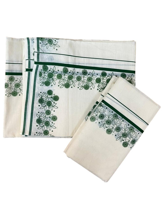 Southloom Cotton Single Set Mundu (Mundu Neriyathum) With Floral Digital Print in Green 2.80 Mtrs SL440
