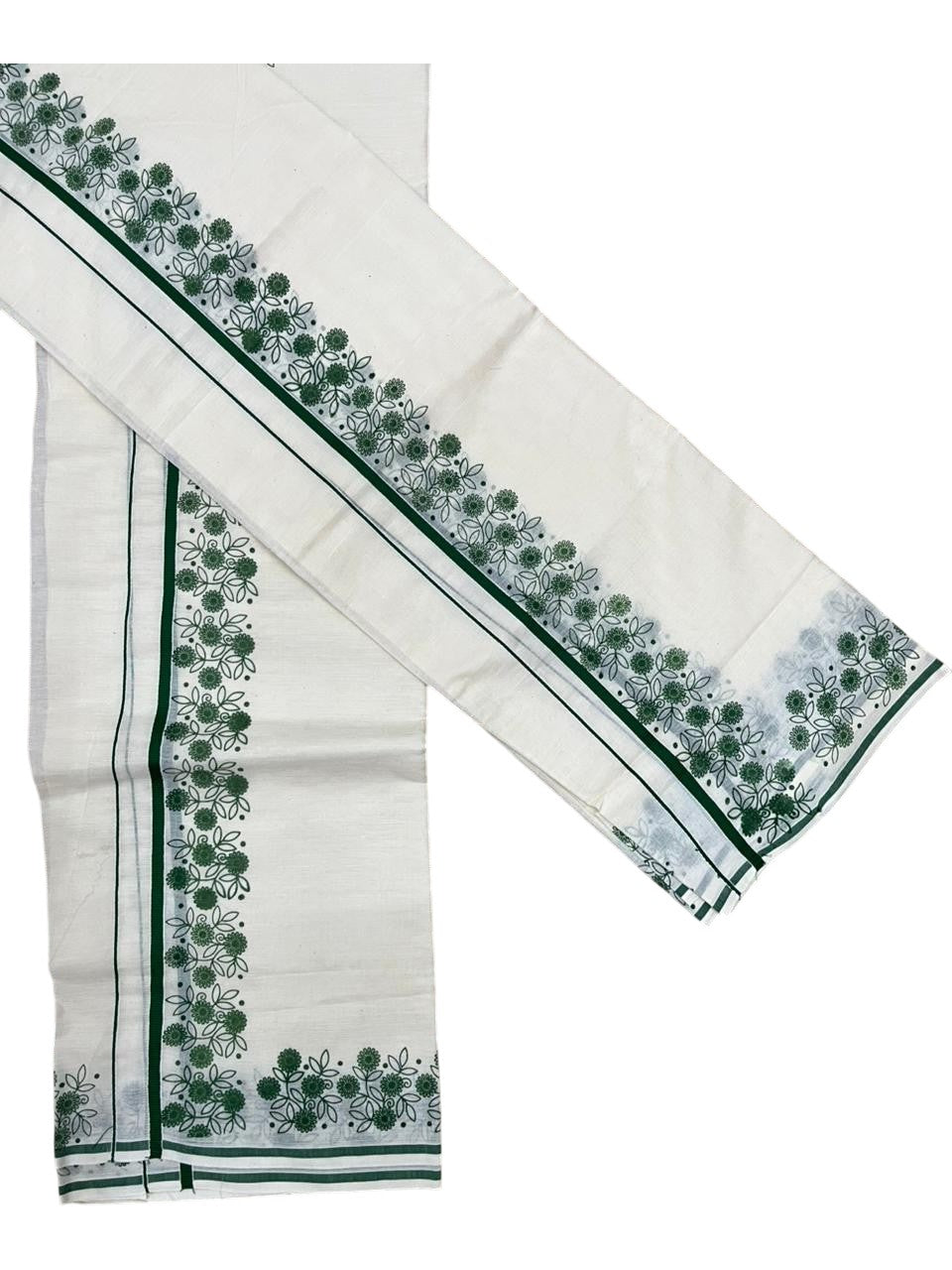 Southloom Cotton Single Set Mundu (Mundu Neriyathum) With Floral Digital Print in Green 2.80 Mtrs SL440