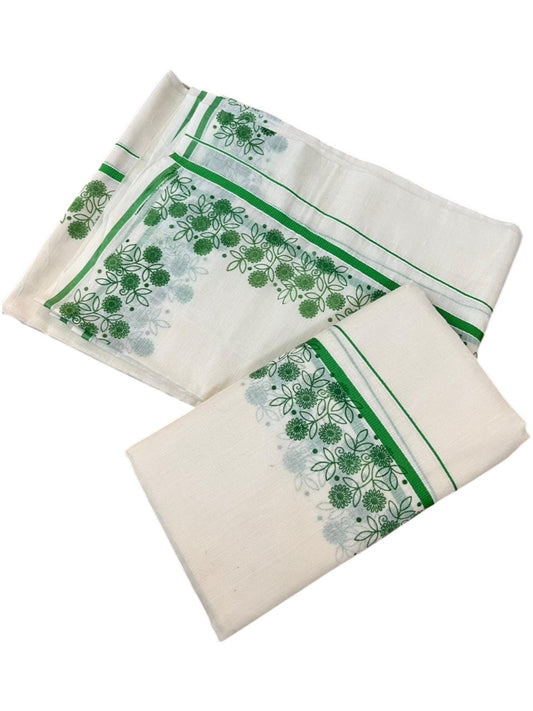 Southloom Cotton Single Set Mundu (Mundu Neriyathum) With Floral Digital Print in Green 2.80 Mtrs SL440
